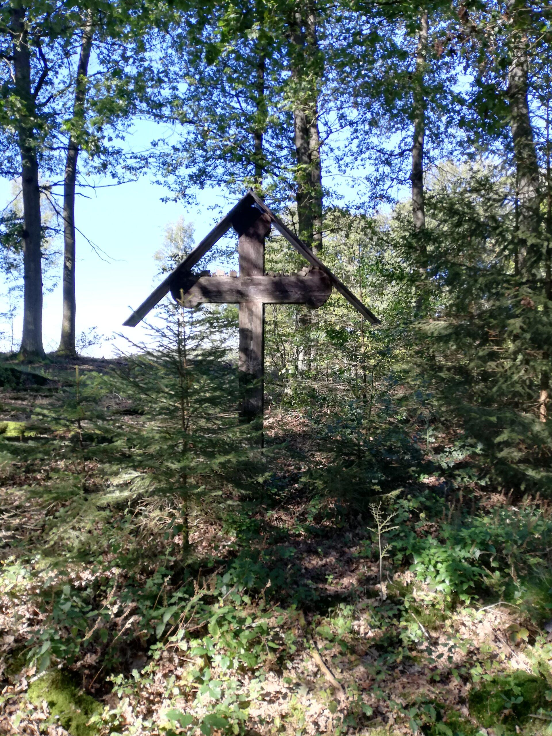 Holzkreuz vorm ersten Abstieg des Holzweges