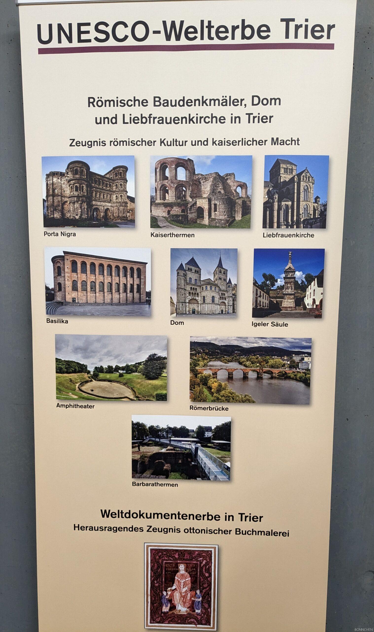 Seit 1986 UNESCO-Welterbe Trier: Amphitheater, Barbarathermen, Kaiserthermen, Konstantinbasilika, Porta Nigra, Römerbrücke, Trierer Dom, Liebfrauenkirche